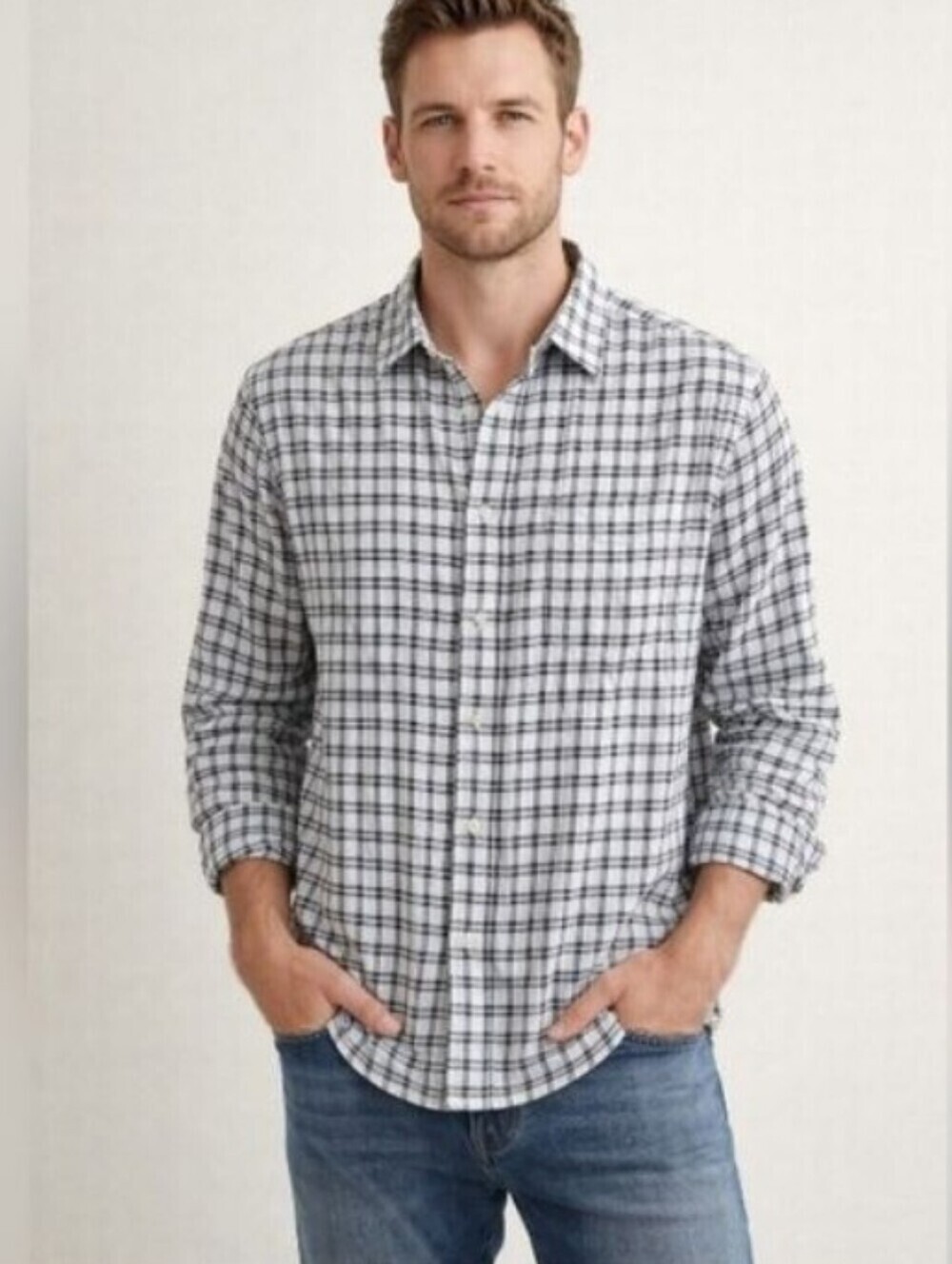 Saks Fifth Avenue Men's Linen Blend Black White Plaid Button Down Shirt Size XXL